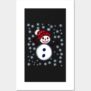 Snowman in festive red winter hat among snowflakes - friendly snowman snug in a snowflake themed scarf Posters and Art